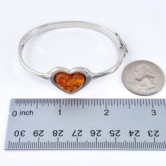 Vintage Sterling Silver 925 Amber Heart Bangle Bracelet 6.5” - Picture 9 of 10